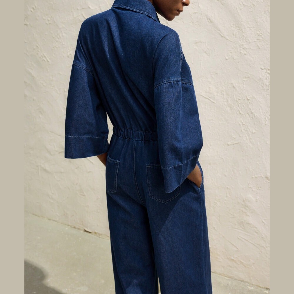 Navy Denim Jumpsuit with Drawstring Waist - Picture 6 of 7